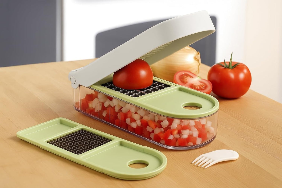 Vegetable Chopper – Original as Seen on TV Food Dicer with 2 Stainless Steel Blades, Large 2-Cup Container, Cleaning Tool, Dishwasher Safe Onion & Vegetable and Fruit Cutter