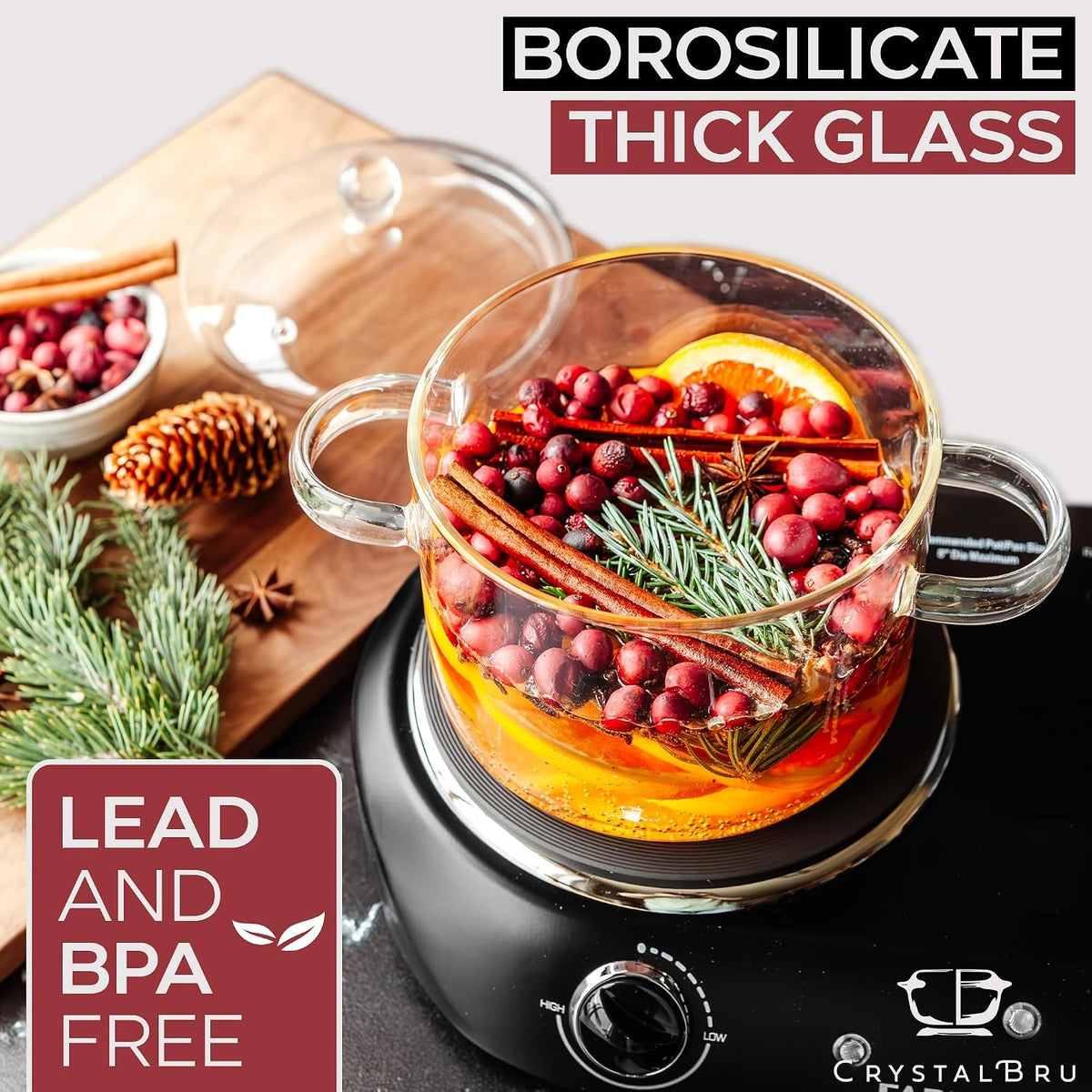 2L Clear Glass Simmer Pot with Lid & Strainer | Heat-Resistant Borosilicate Glass Pot for Potpourri | Simmer Pot for Home Fragrance | Glass Pots for Cooking on Stove | Anti-Scald Handles