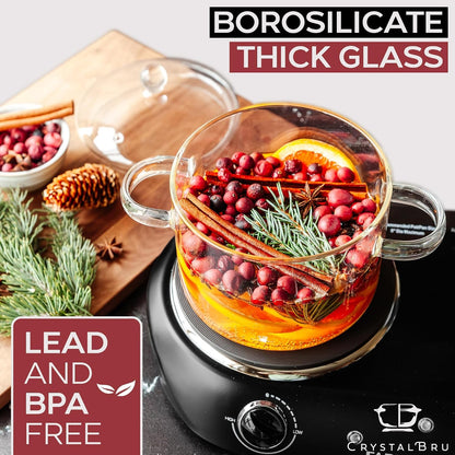 2L Clear Glass Simmer Pot with Lid & Strainer | Heat-Resistant Borosilicate Glass Pot for Potpourri | Simmer Pot for Home Fragrance | Glass Pots for Cooking on Stove | Anti-Scald Handles
