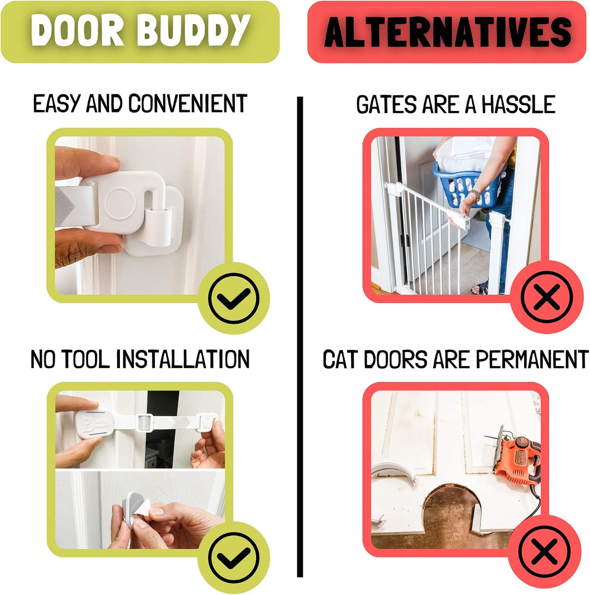 Cat Door Latch & Stopper. Adjustable Dog Proof Door Strap for Cats. Dog Proof Litter Box & Cat Feeder. Simpler Pet Gate Alternative. No Cut Cat Door Interior Door.