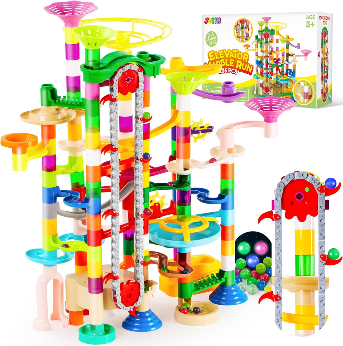 236Pcs Glowing Marble Run with Motorized Elevator- Construction Building Blocks Toys with 30 Glow in the Dark Plastic Marbles, STEM Toy for Boys and Girls, Christmas Birthday Gifts