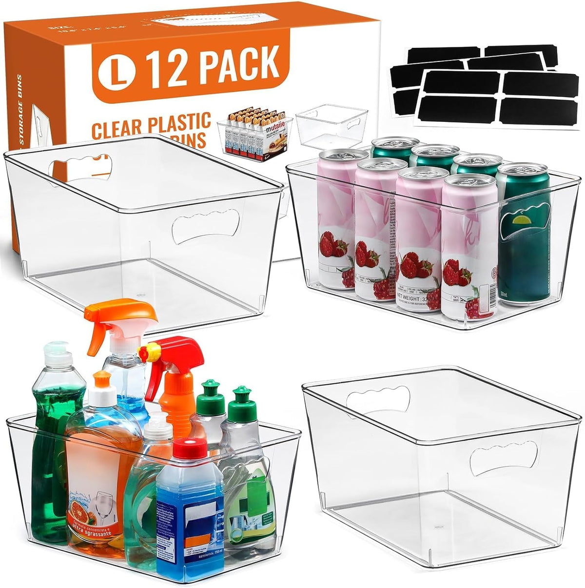 12 PACK LARGE Sturdy Clear Storage Bins, Plastic Home Pantry Organizer Bins