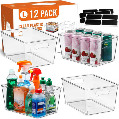 12 PACK LARGE Sturdy Clear Storage Bins, Plastic Home Pantry Organizer Bins