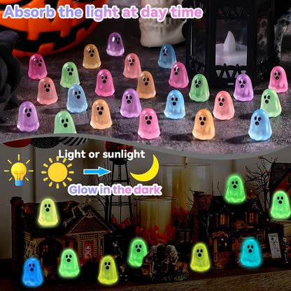 100Pcs Halloween Mini Ghosts Figures, Luminous Small Little Resin Ghost Figurines to Hide Glow in the Dark Tiny Statue for Halloween Party Favors Dollhouse Decorations Toys