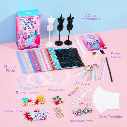 400+PCS Fashion Design Crafts for Kids, Art and Crafts, DIY Sewing Kits with 3 Mannequins for Girls Aged 8-12, Toys for Kids, Birthday Presents, Doll Clothes