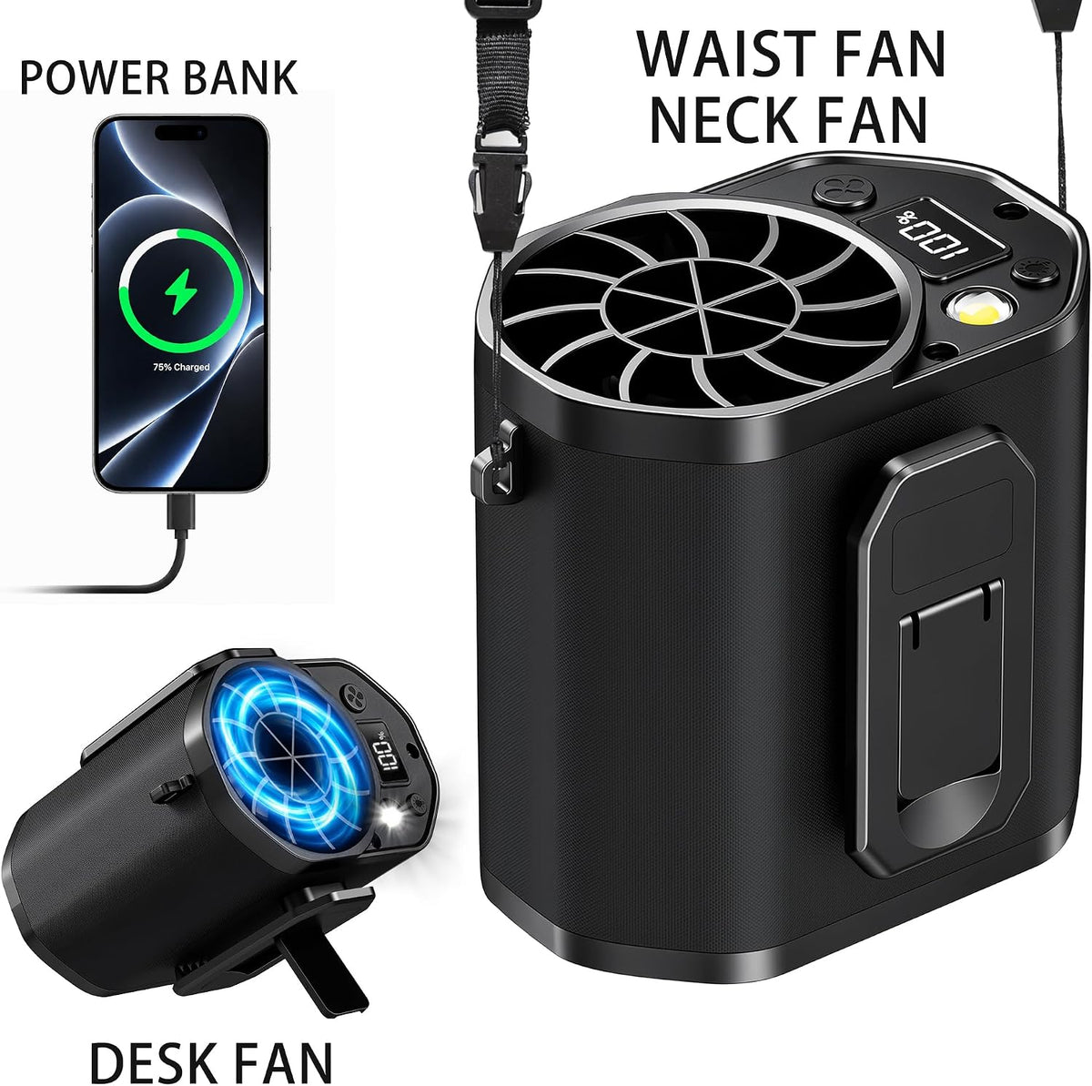 Waist Fan with Clip On: Portable 4-Speed Enlarged Fan-Blades Personal Belt Fan with LED Light 6-11H of Working Time Hands-Free Neck Fan