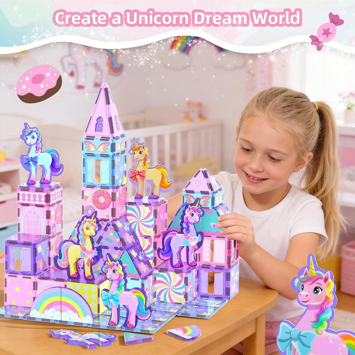 100PCS Magnetic Tiles Unicorn Toys Building Set with 6 Unicorns