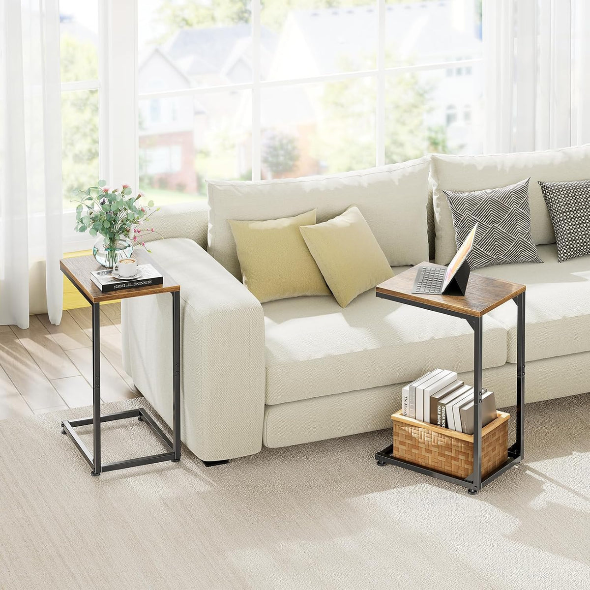 C Shaped End Table, TV Tray for Couch, Small Side Table with Metal Frame, for Living Room Bedroom, Rustic Brown