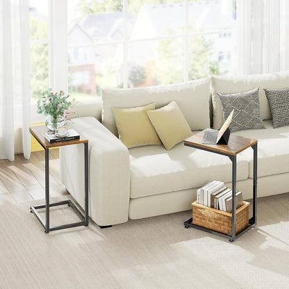 C Shaped End Table, TV Tray for Couch, Small Side Table with Metal Frame, for Living Room Bedroom, Rustic Brown