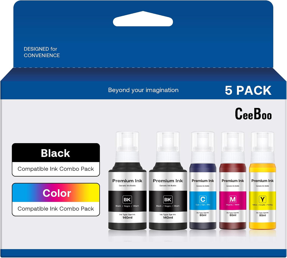 Compatible Ink Bottle Replacement for Epson 502 (Not Sublimation Ink), Use for ET-2850 ET-3830 ET-3850 ET-2760 ET-3760 ET-15000 Printer, 2 Black,Cyan,Magenta,Yellow, High Capacity 5 Bottles