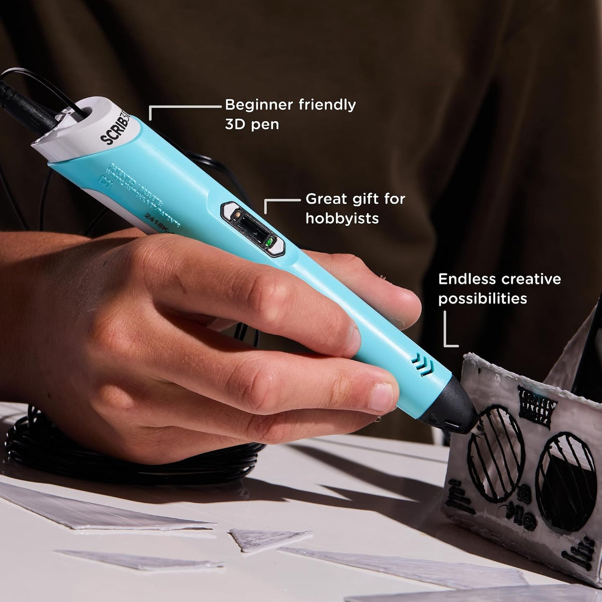 P1 3D Printing Pen with Display - Includes 3D Pen, 3 Starter Colors of PLA Filament, Stencil Book + Project Guide, and Power Adapter