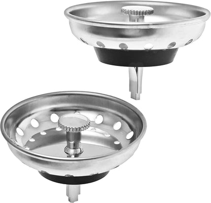 2 Pack - Kitchen Sink Strainer and Stopper Combo Basket Replacement for Standard 3-1/2 Inch Drain, Stainless Steel Basket with Plastic Knob, Rubber Stopper Bottom -