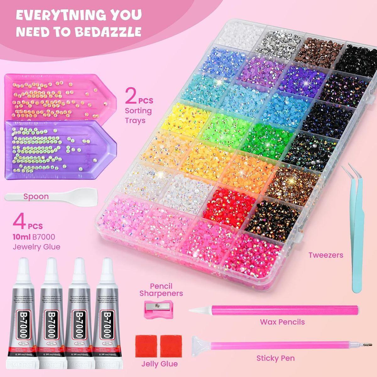 3Mm Jelly Rhinestones for Bedazzling, 40000Pcs Bedazzling Kit with Rhinestones 28 Colors Diamond Nail Gems Bedazzler Kit with Glue Tweezers and Tools