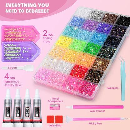 3Mm Jelly Rhinestones for Bedazzling, 40000Pcs Bedazzling Kit with Rhinestones 28 Colors Diamond Nail Gems Bedazzler Kit with Glue Tweezers and Tools