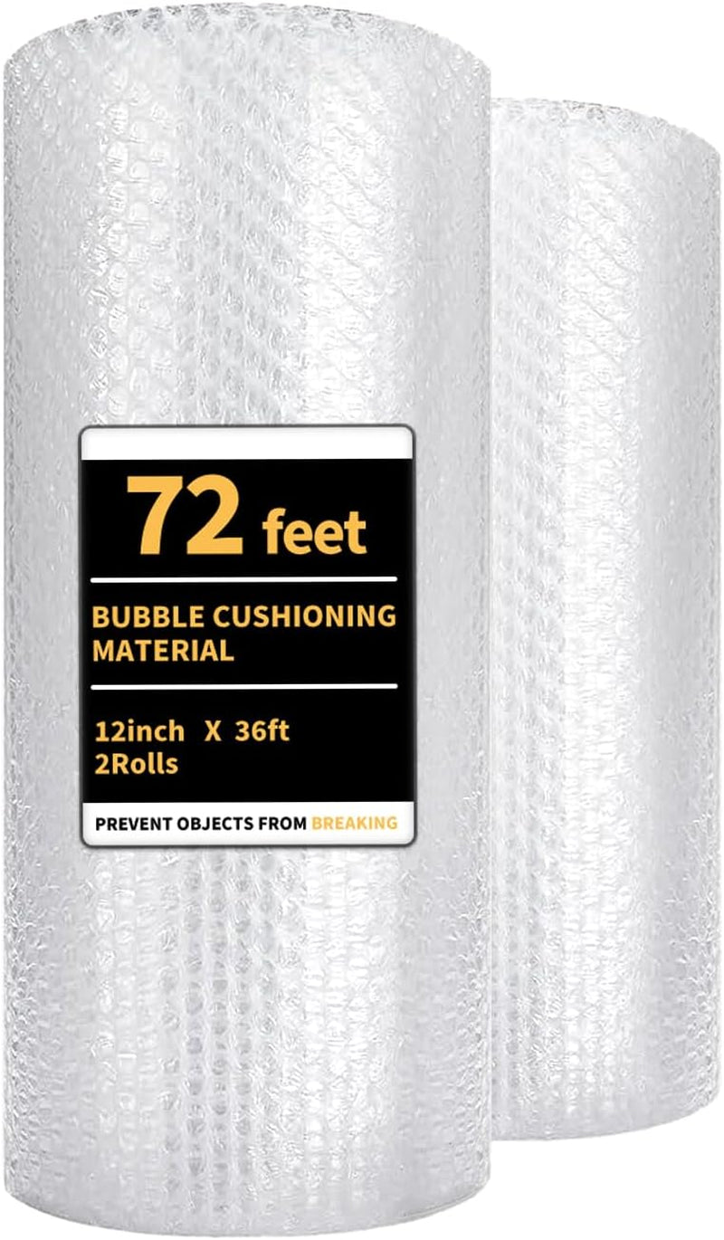 Bubble Cushioning Wrap 2 Pack 12 Inch X 72 Ft Total Bubble Wrap for Packing，Moving Boxes and Shipping for Your Business，Perforated Every 12 In.Suitable for Filling Packaging Boxes.