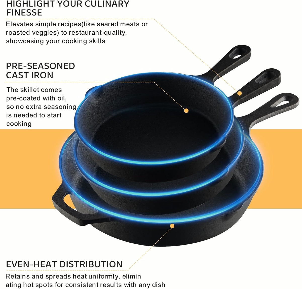 Cast Iron Skillet 3-Piece Set, Heavy-Duty Professional Restaurant Chef Quality Pre-Seasoned Pan Cookware Set, 6", 8", 10" Pans for Frying, Saute, Cooking, Use Indoor/Outdoor, Oven, Grill