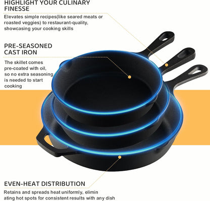 Cast Iron Skillet 3-Piece Set, Heavy-Duty Professional Restaurant Chef Quality Pre-Seasoned Pan Cookware Set, 6", 8", 10" Pans for Frying, Saute, Cooking, Use Indoor/Outdoor, Oven, Grill