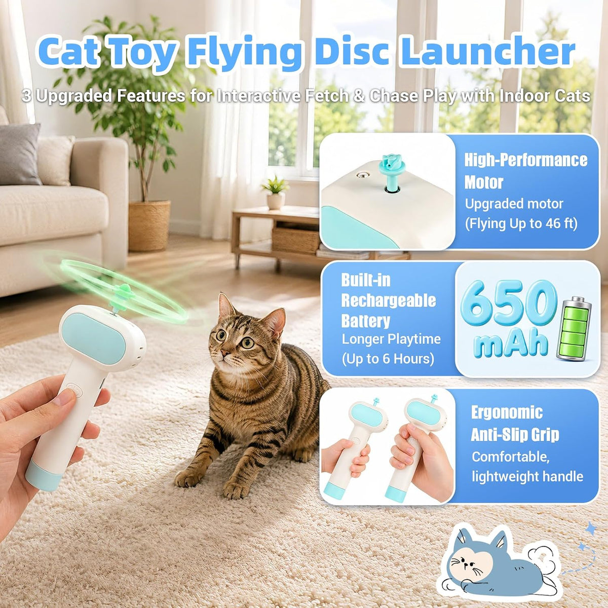 Cat Fetch Toy with Flying Disc Launcher, Rechargeable & Large-Capacity
