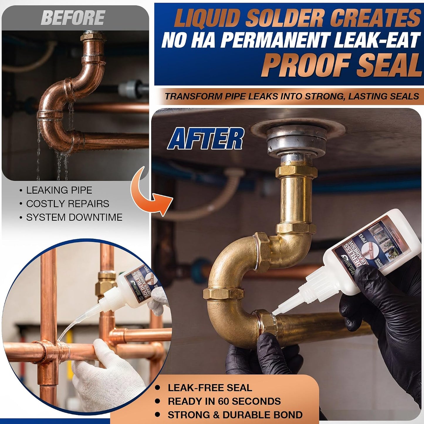 50Ml Copper Soldering Kit, No Heat Liquid Solder for Copper Pipe W/Precision Nozzle, Instant Leak Repair Plumbing Solder for Copper&Brass, up to 500 PSI,-60°F to +300°F,Bonding Solution for Pipe&Hvac