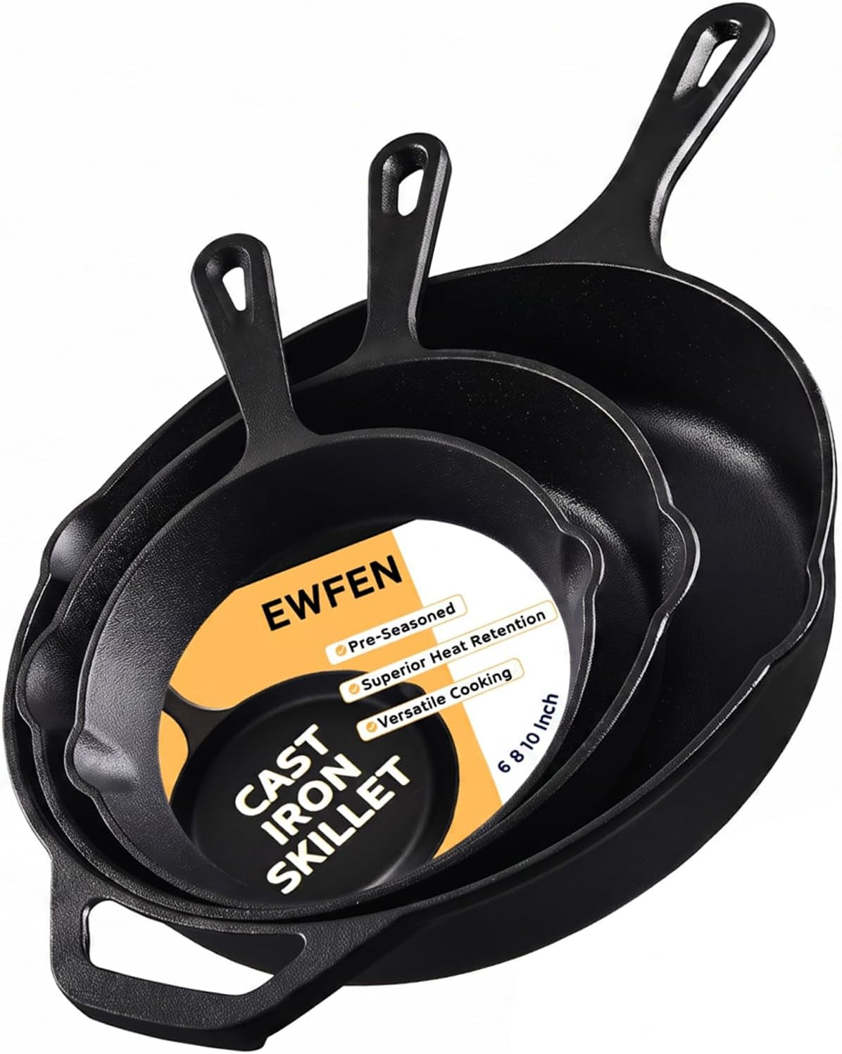 Cast Iron Skillet 3-Piece Set, Heavy-Duty Professional Restaurant Chef Quality Pre-Seasoned Pan Cookware Set, 6", 8", 10" Pans for Frying, Saute, Cooking, Use Indoor/Outdoor, Oven, Grill