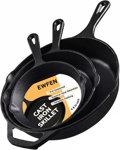 Cast Iron Skillet 3-Piece Set, Heavy-Duty Professional Restaurant Chef Quality Pre-Seasoned Pan Cookware Set, 6", 8", 10" Pans for Frying, Saute, Cooking, Use Indoor/Outdoor, Oven, Grill