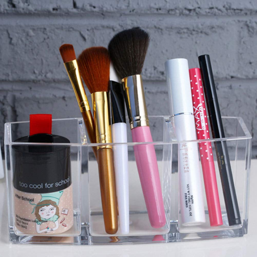 Acrylic Makeup Brush Organizer Holder Clear Cosmetic Brushes Storage with 3 Slots