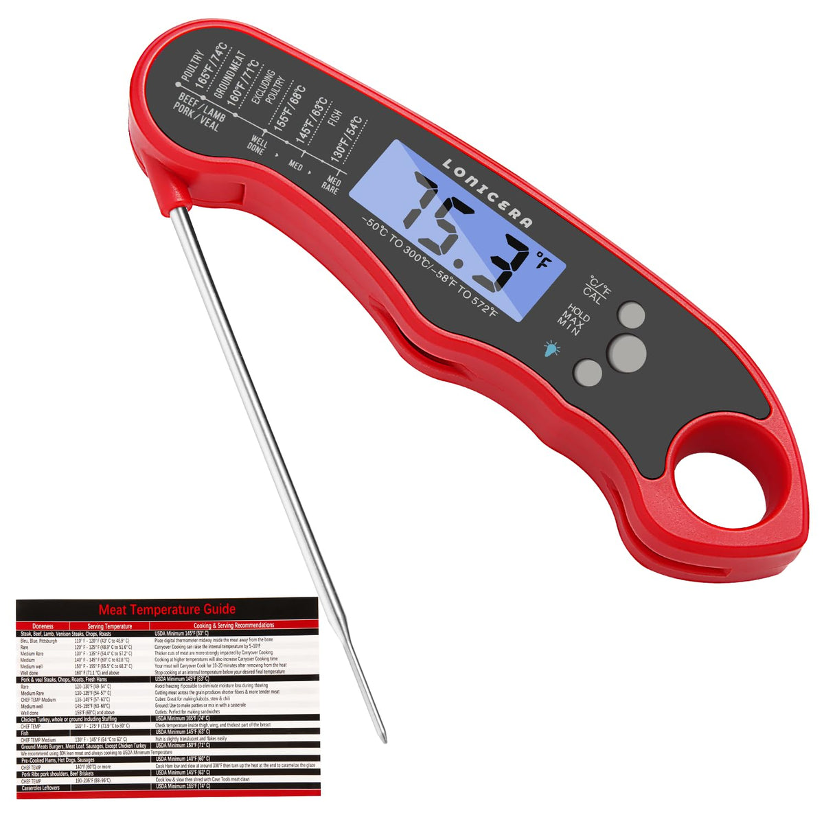Digital Meat Thermometer, 1-2 S Instant Read, Foldable Probe, Red