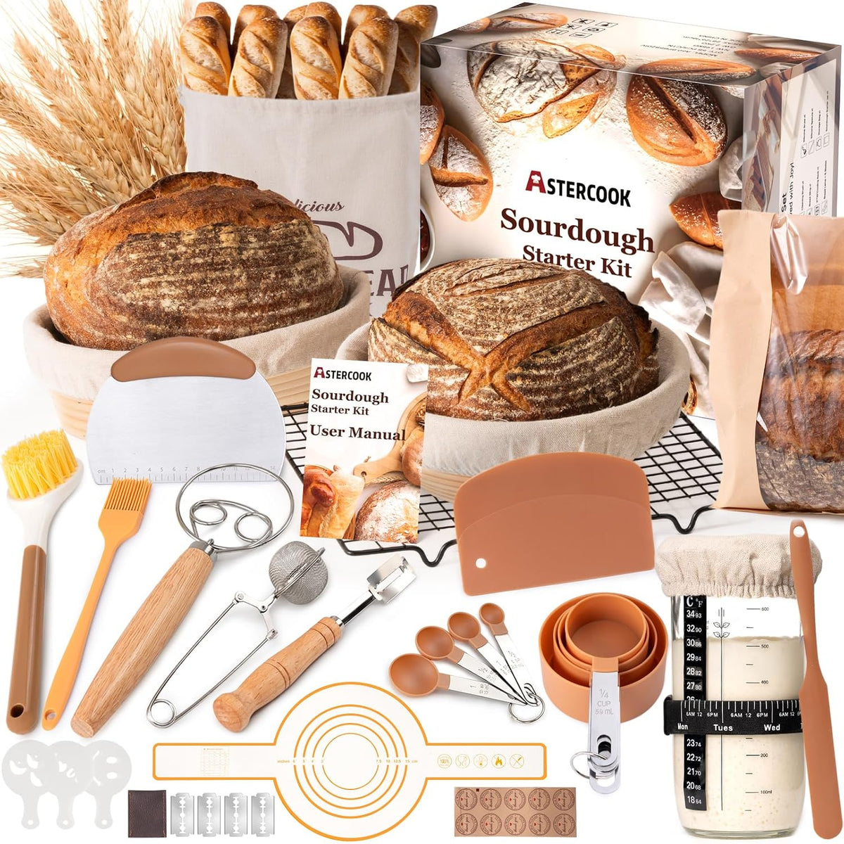 Sourdough Starter Kit with round & Oval Banneton Bread Proofing Basket, Starter Jar, Dough Whisk, Scrapers, Stencils, Complete Sourdough Bread Baking Supplies, Fathers Day Gift for Men