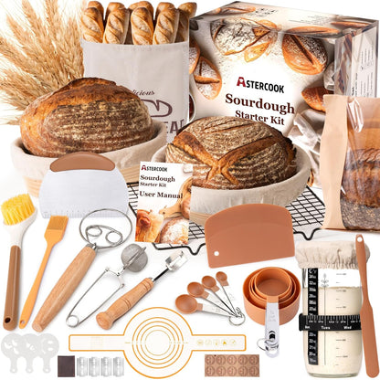 Sourdough Starter Kit with round & Oval Banneton Bread Proofing Basket, Starter Jar, Dough Whisk, Scrapers, Stencils, Complete Sourdough Bread Baking Supplies, Fathers Day Gift for Men