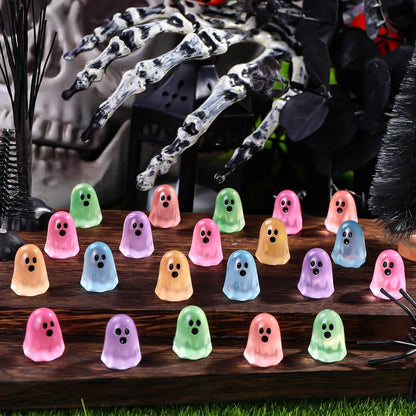 100Pcs Halloween Mini Ghosts Figures, Luminous Small Little Resin Ghost Figurines to Hide Glow in the Dark Tiny Statue for Halloween Party Favors Dollhouse Decorations Toys