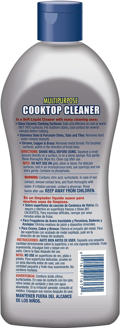 Cooktop Cleaner (2 X13 Oz) + Scraper - Multipurpose Liquid Stovetop Cleanser, Safe for Use on Glass & Ceramic Cooking Surfaces, Copper, Brass, Chrome, Stainless Steel & Porcelain