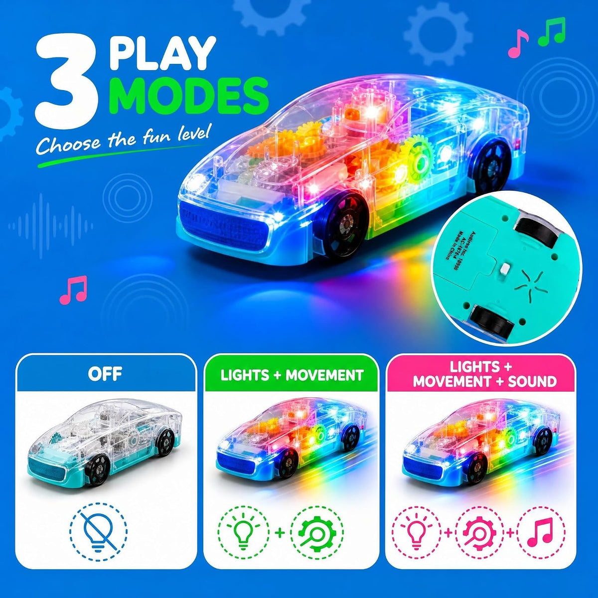 Light-Up Transparent Sensory Car Toy, Bump-And-Go, Ages 3+