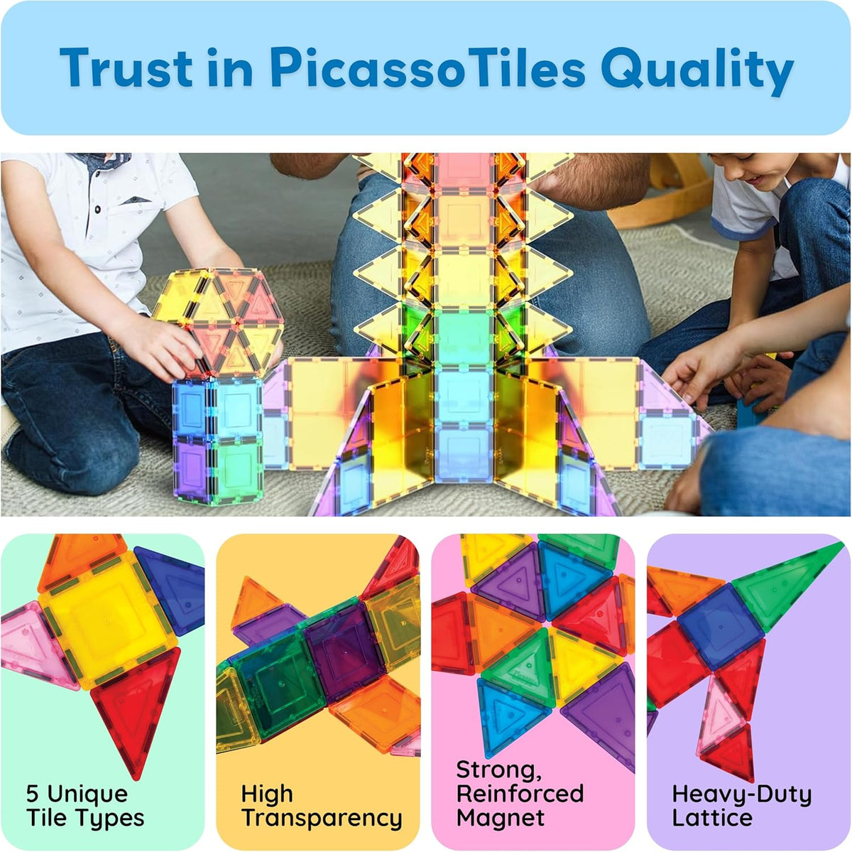 100 Piece Magnetic Tiles, Clear 3D Building Blocks for Kids 3+