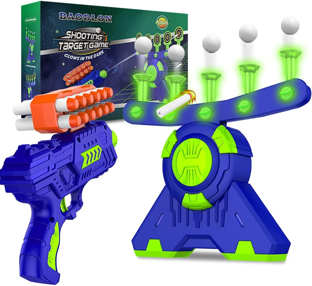 Shooting Games Toy for Age 5, 6, 7, 8, 9, 10+ Years Old Kids, Boys - Glow in the Dark Floating Ball Target with Foam Dart Toy Gun, 10 Balls/5 Targets - Ideal Gift