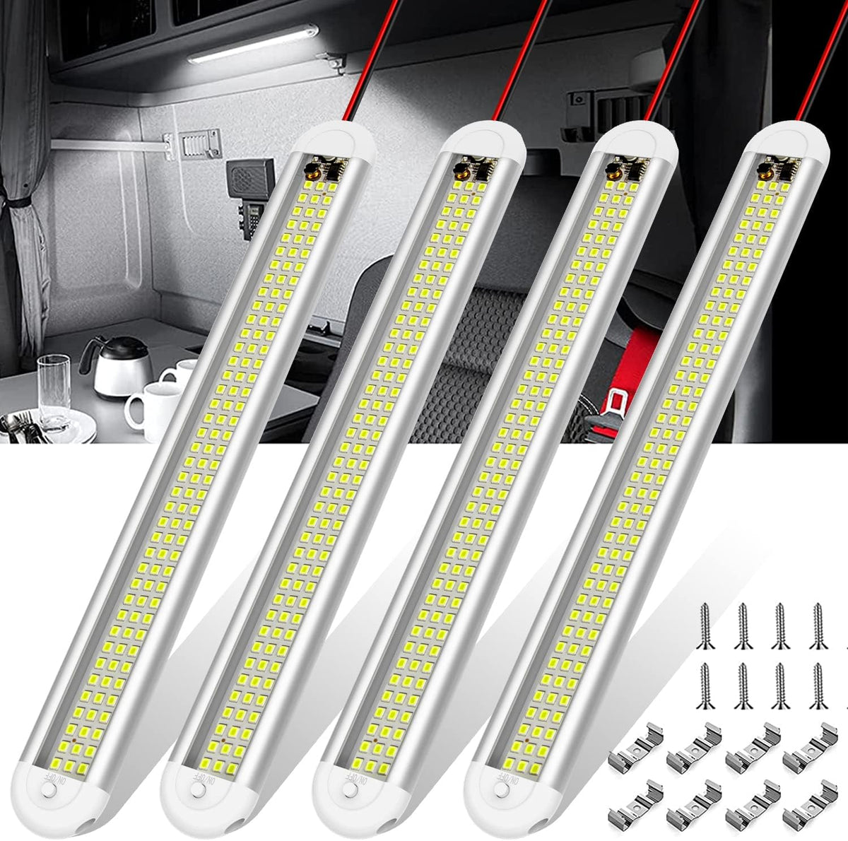 12V LED Interior Light Bar， 120Leds 1500LM 8W DC 12 Volt Led Strip Lights with On/Off Switch，For Enclosed Cargo Trailer, Car RV Van Truck Lorry Camper Boat Caravan Motorhome (4Pack)