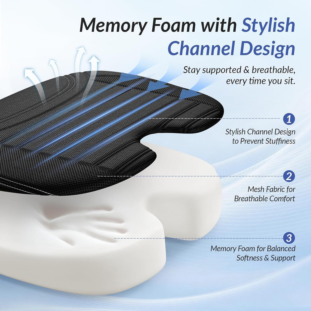 Wedge Car Seat Cushion for Tailbone Pain Relief & Better Visibility, Ergonomic Memory Foam Seat Cushion for Car with Breathable Channel Design, Fits Car, SUV, Truck, Non-Slip Mesh Cover