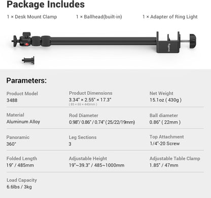 SMALLRIG Camera Mount C Stand, 15"-35" Adjustable Desk Clamp Table Tripod