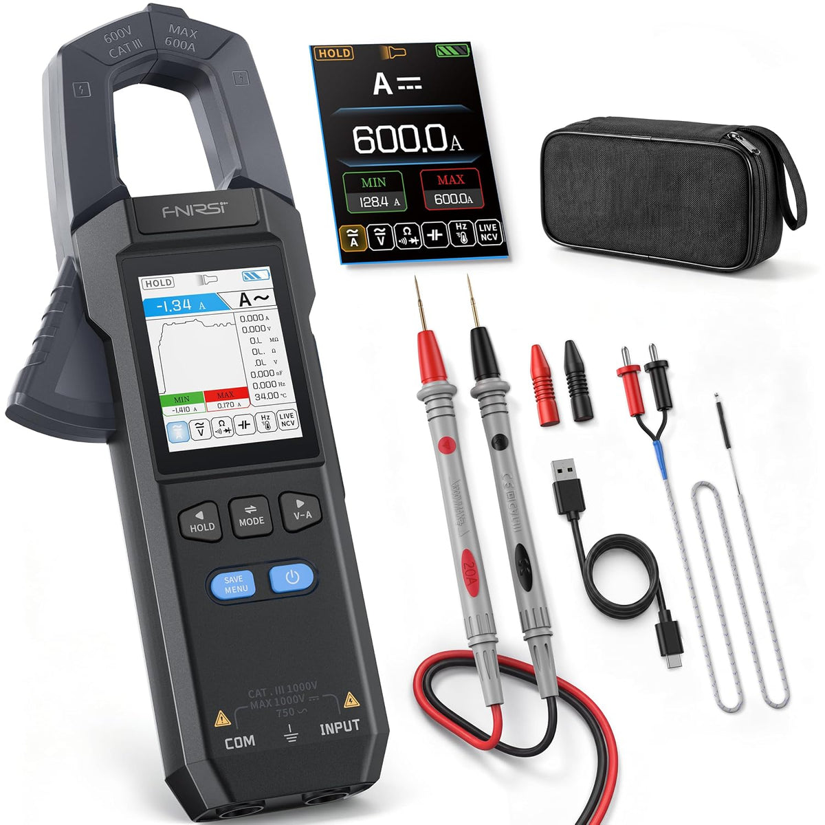 DMC-100 Clamp Meter 9999 Counts TRMS, 600A AC/DC Amp Meter