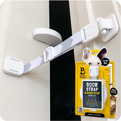 Cat Door Latch & Stopper. Adjustable Dog Proof Door Strap for Cats. Dog Proof Litter Box & Cat Feeder. Simpler Pet Gate Alternative. No Cut Cat Door Interior Door.