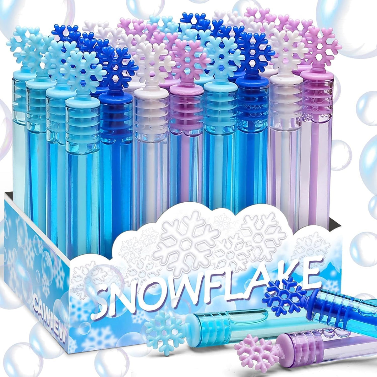 Snowflake Bubble Wands Bulk, 32 Pcs 4 Color Winter Party Favor Gift Box Set