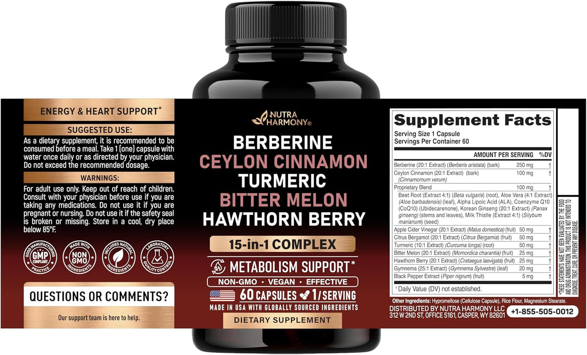 Berberine with Ceylon Cinnamon, Bitter Melon, Hawthorn & Turmeric, 60 Caps