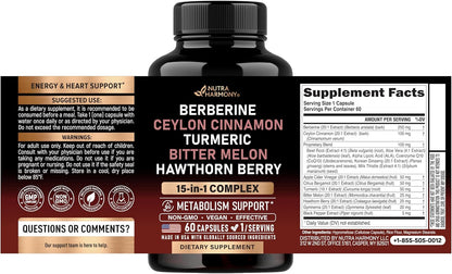 Berberine with Ceylon Cinnamon, Bitter Melon, Hawthorn & Turmeric, 60 Caps