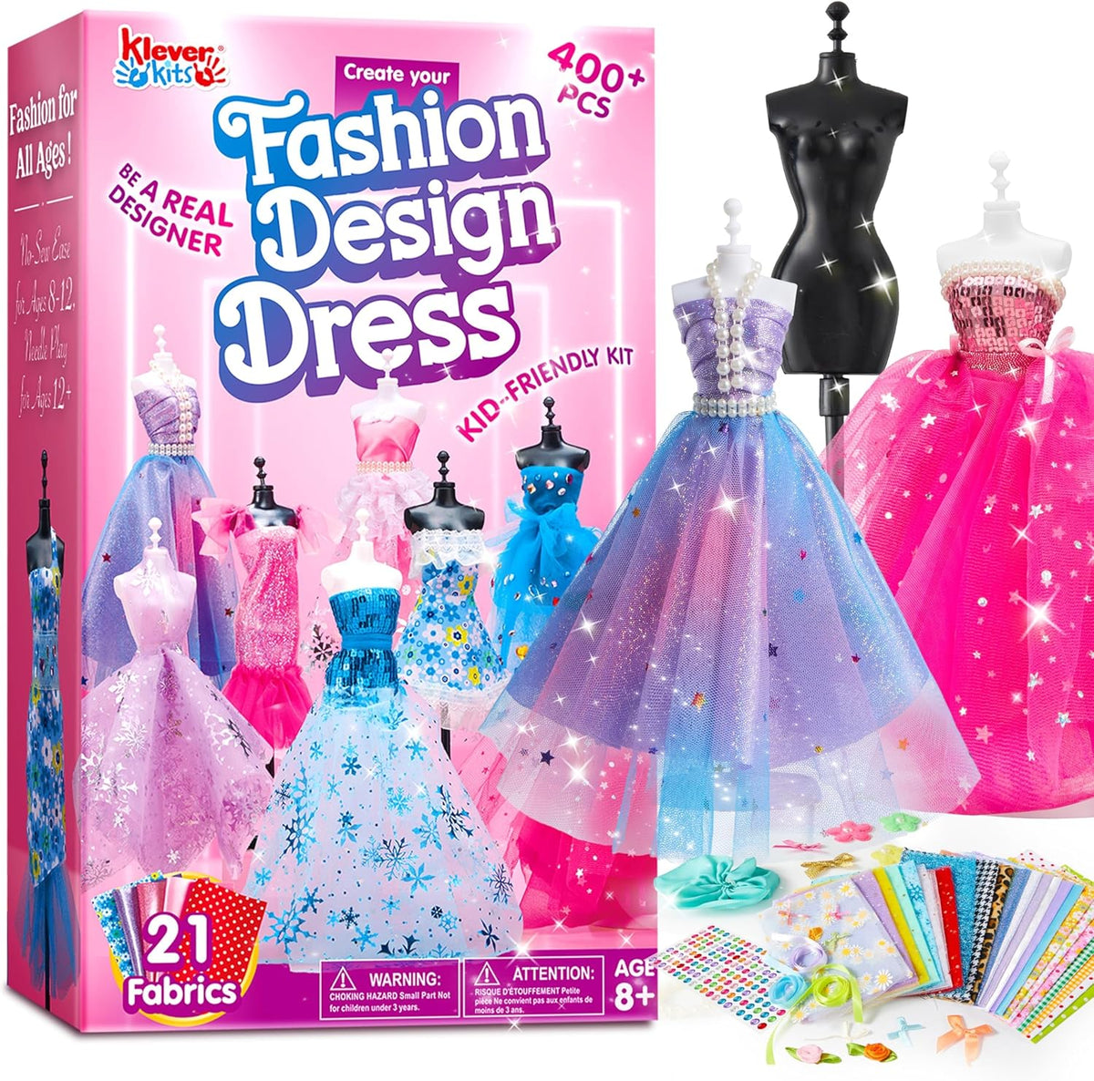 400+PCS Fashion Design Crafts for Kids, Art and Crafts, DIY Sewing Kits with 3 Mannequins for Girls Aged 8-12, Toys for Kids, Birthday Presents, Doll Clothes