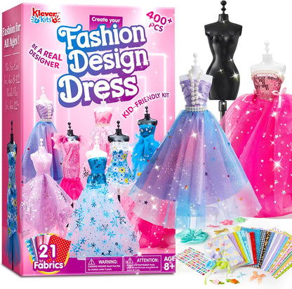 400+PCS Fashion Design Crafts for Kids, Art and Crafts, DIY Sewing Kits with 3 Mannequins for Girls Aged 8-12, Toys for Kids, Birthday Presents, Doll Clothes