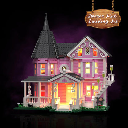 Pink Palace House Building Set with Lights, Halloween Haunted House Blocks Toy, Halloween House Kit for Kids Adults, Compatible with Lego, Christmas for Girls and Boys, Aged 8+ (1349PCS)