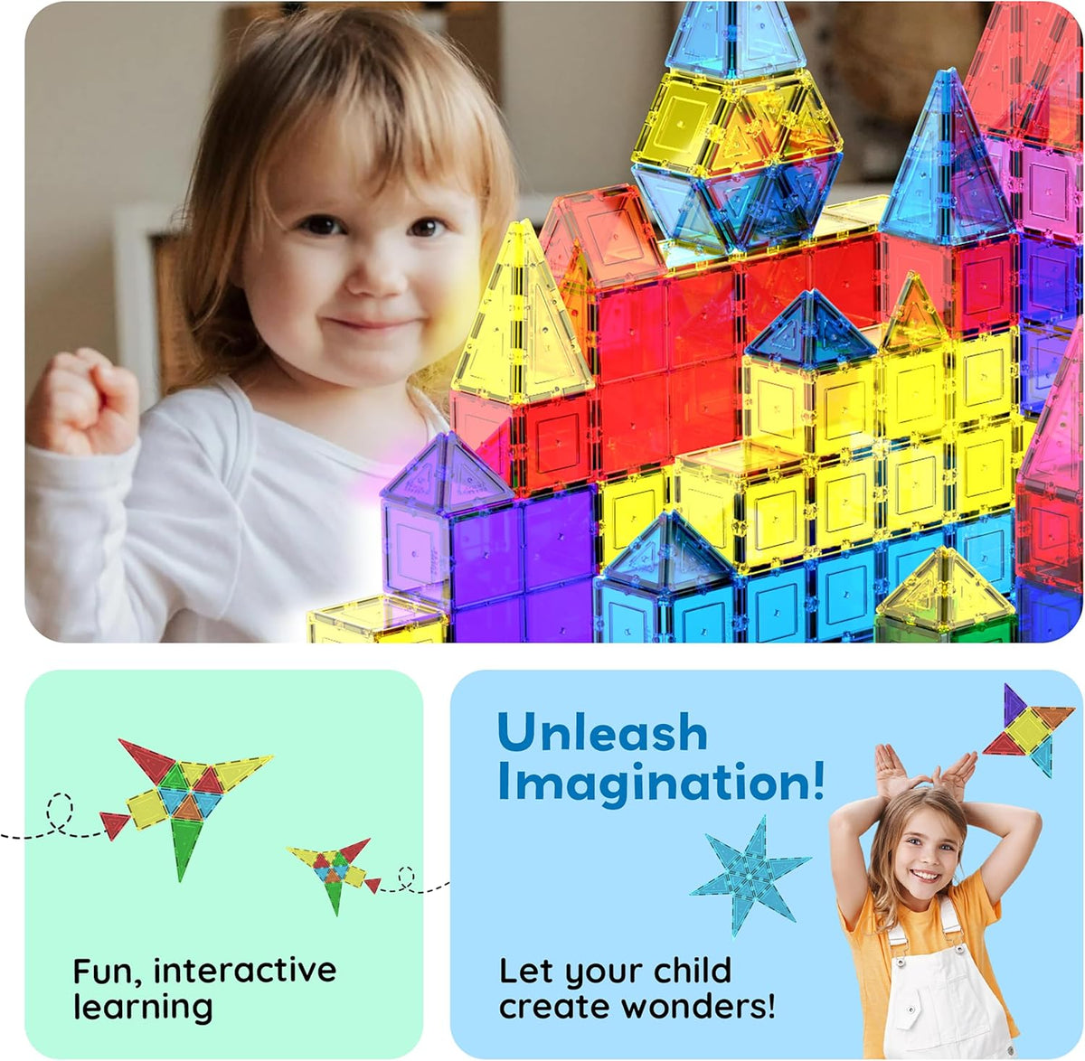 100 Piece Magnetic Tiles, Clear 3D Building Blocks for Kids 3+