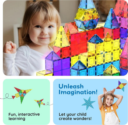 100 Piece Magnetic Tiles, Clear 3D Building Blocks for Kids 3+