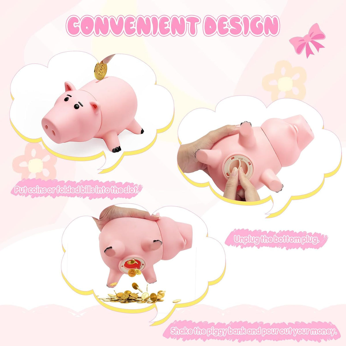 Hamm Piggy Bank Cute Pink Pig Money Box Plastic Saving Coin Box with Color Package Money Bank Great Gift Toy for Kid Children Girls Boys