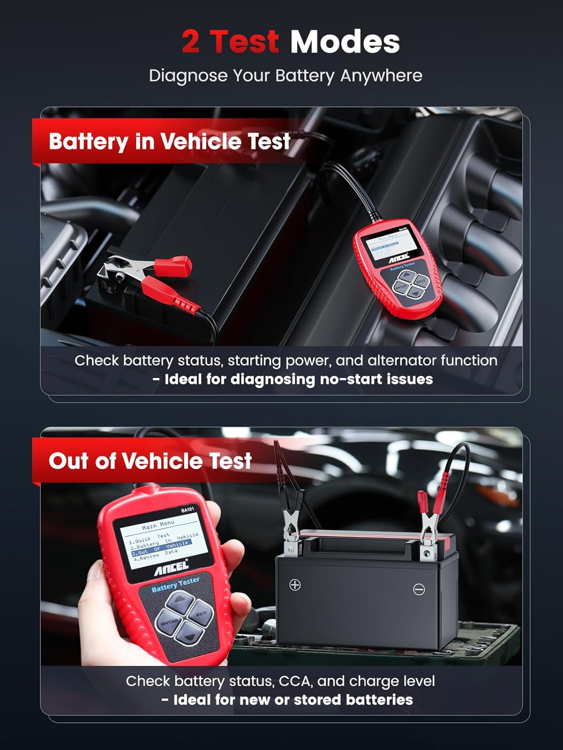 BA101 Car Battery Tester, 12V Digital Automotive Alternator Meter Diagnostic Tool,100-2000 CCA Load Capacity, Charging & Cranking Analyzer for Truck, Boat, RV, Marine Vehicle, and More