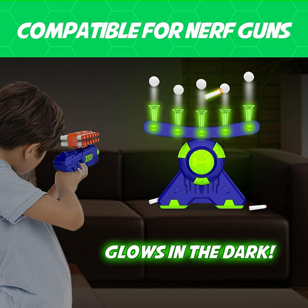 Shooting Games Toy for Age 5, 6, 7, 8, 9, 10+ Years Old Kids, Boys - Glow in the Dark Floating Ball Target with Foam Dart Toy Gun, 10 Balls/5 Targets - Ideal Gift